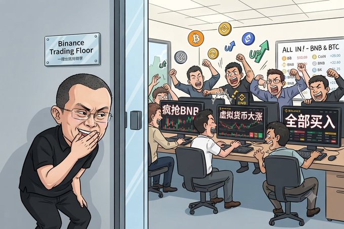 A man (CZ) peeks through the door of the "Binance Trading Floor," watching as excited traders inside cheer in front of screens displaying "疯抢BNP" (Frenzy buying BNP), "虚拟货币大涨" (Cryptocurrency surge), and "全部买入" (Buy everything), with floating coins for BTC, BNB, UP, and others. The image humorously captures CZ secretly observing his team's euphoric reaction to a crypto rally from the doorway.