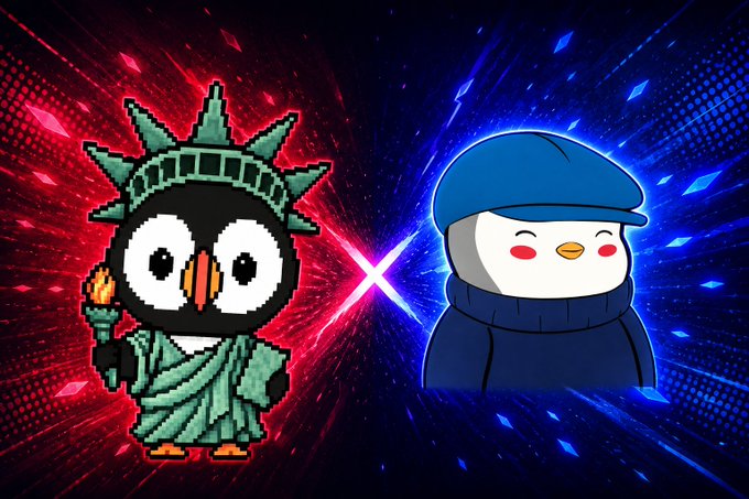 A pixel art penguin styled as the Statue of Liberty holding a torch faces off against a cute penguin wearing a blue beanie and sweater, set against a dramatic red and blue "vs" background, promoting a giveaway for 1 guaranteed and 10 FCFS whitelist spots for the upcoming "Pixelated Puffins" NFT mint by @ppuffins, which has a supply of 3,333.