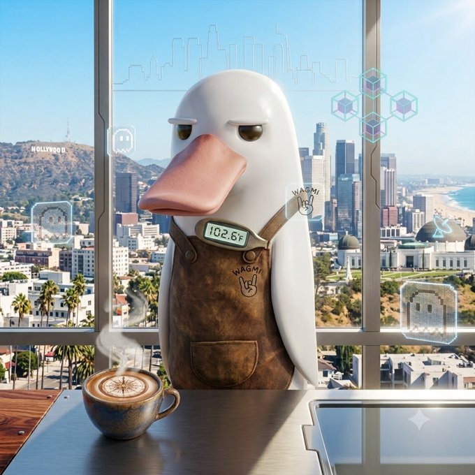 A grumpy cartoon duck wearing a brown "WAGMI" apron stands at a window overlooking Los Angeles with the Hollywood sign visible, while holding a coffee and a device displaying "102.6F." Floating holographic elements and a city skyline suggest a tech-forward, NFT-focused vibe—fitting the "GM frens, today higher for NFTs, let's make them comeback!" message by blending crypto optimism with a relaxed SoCal aesthetic.