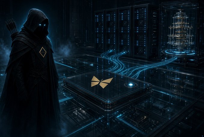 A hooded figure with glowing blue eyes and a golden diamond emblem on their cloak stands beside a dark, futuristic server room filled with racks of blinking computers and a glass-encased quantum processor, while streams of cyan data flow across the reflective floor toward a central platform displaying a stylized gold "Q" logo for QuipNetwork, visually echoing the post's description of a worldwide quantum computer organized into subnets that handle optimization on annealers and randomness on gate-based systems.