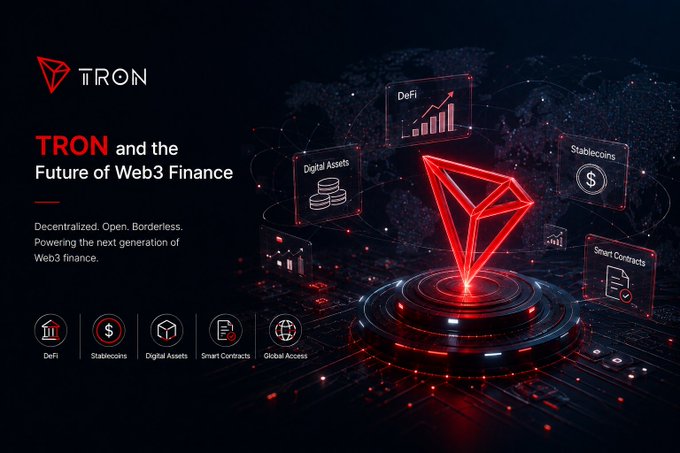 A promotional graphic for TRON with the headline 'TRON and the Future of Web3 Finance' and the tagline 'Decentralized. Open. Borderless. Powering the next generation of Web3 finance.', featuring icons for DeFi, Stablecoins, Digital Assets, Smart Contracts, and Global Access.