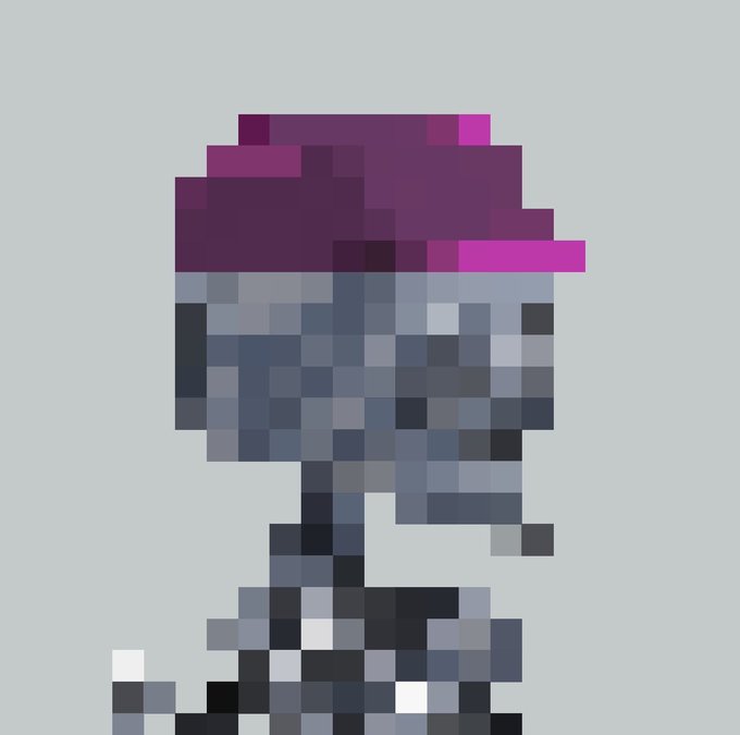 Pixel art of a character with a purple hat and dark outfit rendered in blocky squares against a gray background.
