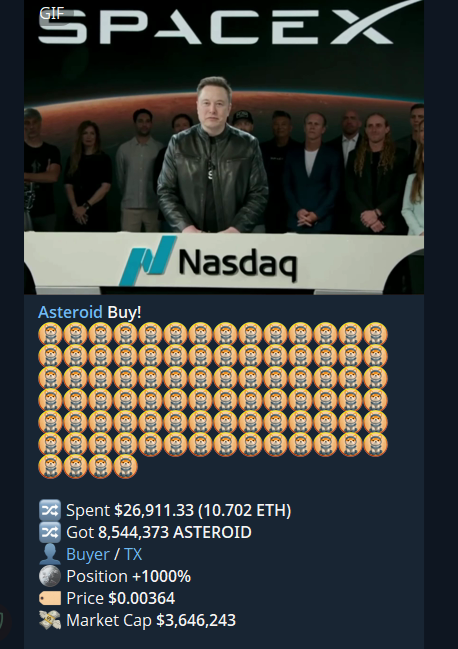 A SpaceX/Nasdaq themed meme showing Elon Musk with the Asteroids token 'ASTEROID' displaying 'Spent $26,911.33 (10.702 ETH)', 'Got 8,544,373 ASTEROID', and 'Position +1000%'.