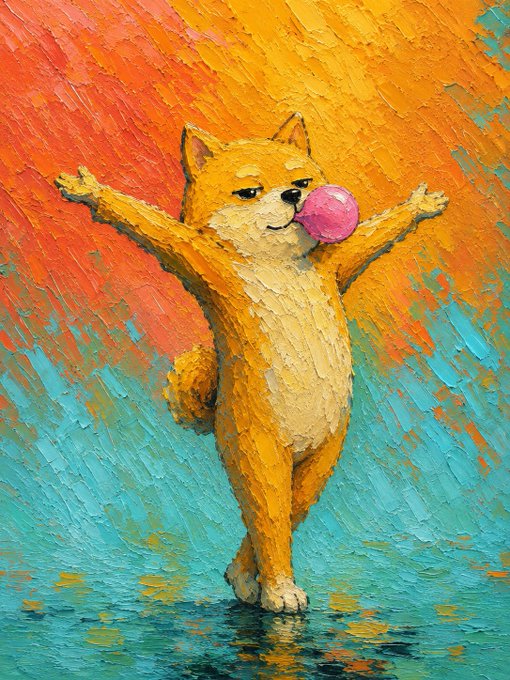 An oil painting-style illustration of a Shiba Inu dog standing upright on its hind legs with arms outstretched, blowing a pink bubblegum bubble against a vibrant orange and teal background.