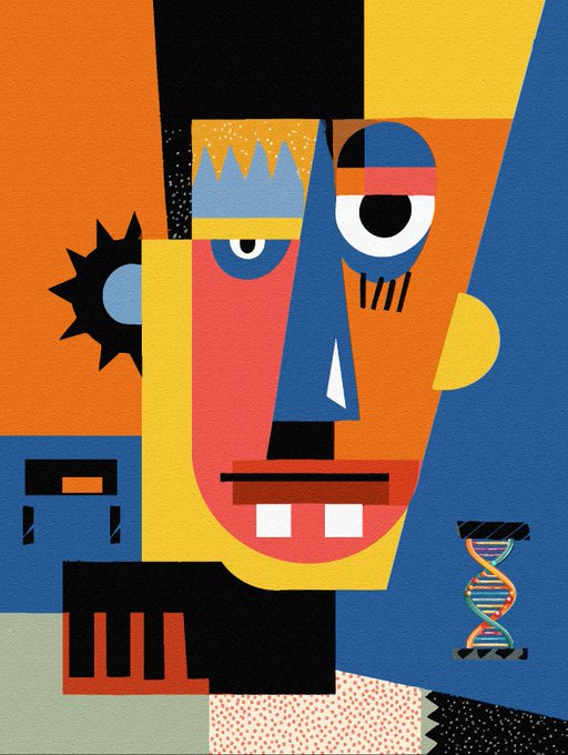 A vibrant cubist-style digital artwork titled "Contour" depicting a stylized face composed of geometric shapes in bold orange, blue, yellow, and red hues, with a small DNA double helix illustration in the lower right corner. The abstract composition aligns with the post's listing of the piece as a 0.04 ETH NFT available on OpenSea.