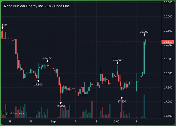 A 1-hour candlestick chart of Nano Nuclear Energy Inc. ($NNE) on Cboe One shows the stock breaking out sharply, surging from a low of $17.20 to a high of $19.29 on heavy volume, supporting the post's claim about a nuclear-related stock "pumping."