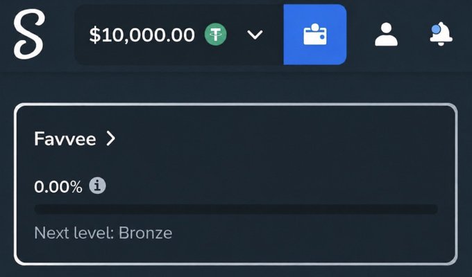 A screenshot of a Stake.com account showing a $10,000.00 balance, illustrating the winnings referenced in the user's celebratory post. The "Favvee" account is at 0.00% progress toward the next Bronze level, aligning with the post about tipping followers to celebrate the win.