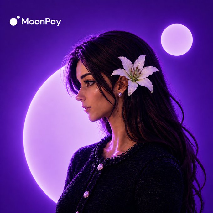 A stylized portrait of a woman in profile with a white lily in her hair against a purple background with glowing circular lights, branded with the 'MoonPay' logo.