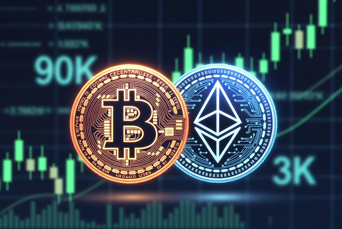 A digital graphic displays golden Bitcoin and blue Ethereum coins with candlestick charts in the background, showing values of 90K for Bitcoin and 3K for Ethereum.