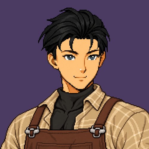 A pixel art character portrait of a dark-haired young man wearing a plaid shirt, black turtleneck, and brown overalls against a purple background.