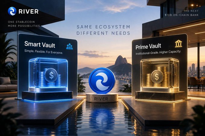 A promotional graphic for RIVER stablecoin featuring 'Smart Vault' (Simple. Flexible. For Everyone.) and 'Prime Vault' (Institutional-Grade. Higher Capacity.) flanking a central RIVER coin, with text reading 'SAME ECOSYSTEM DIFFERENT NEEDS' and 'THE NEXT $10B ON-CHAIN BANK'.