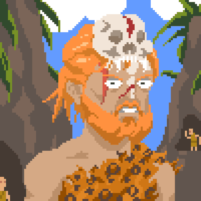A pixel-art illustration shows a menacing barbarian warrior with long orange hair, a winged skull helmet, blood on his face, and a leopard-skin garment, standing in a jungle setting with a cavewoman peeking from behind a tree on the right. The image does not contain any visible text, numbers, tickers, or names, so it cannot be directly linked to the accompanying post about partnering for 20 whitelist spots for a 3,333 supply collection on Robinhood chain—instead, it likely serves as a thematic profile or collection avatar for the "oogabooga" NFT project.