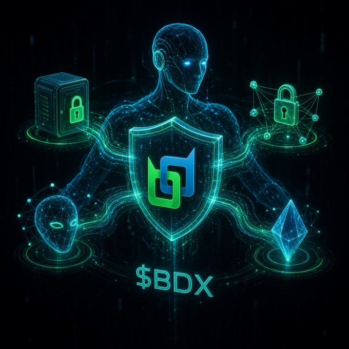 A digital artwork featuring a wireframe humanoid figure surrounded by holographic icons of a server, padlock, mask, and Ethereum logo within a shield, with the text '$BDX' displayed below.
