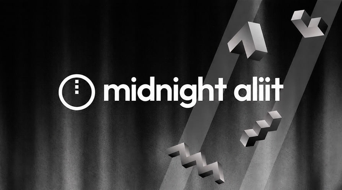 The image features a sleek, dark-themed graphic with the text "midnight aliit" in white alongside a circular logo, set against a black backdrop with metallic pixel-style arrow and zigzag shapes floating around, symbolizing the technical and innovative nature of the Aliit Fellowship program for developers building Midnight's future.