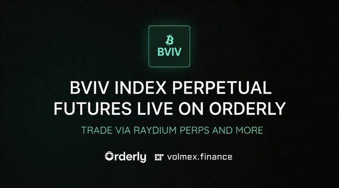 A promotional graphic with a black background featuring a green BVIV Bitcoin-style logo and text reading 'BVIV INDEX PERPETUAL FUTURES LIVE ON ORDERLY' with 'TRADE VIA RAYDIUM PERPS AND MORE' and logos for Orderly and volmex.finance.