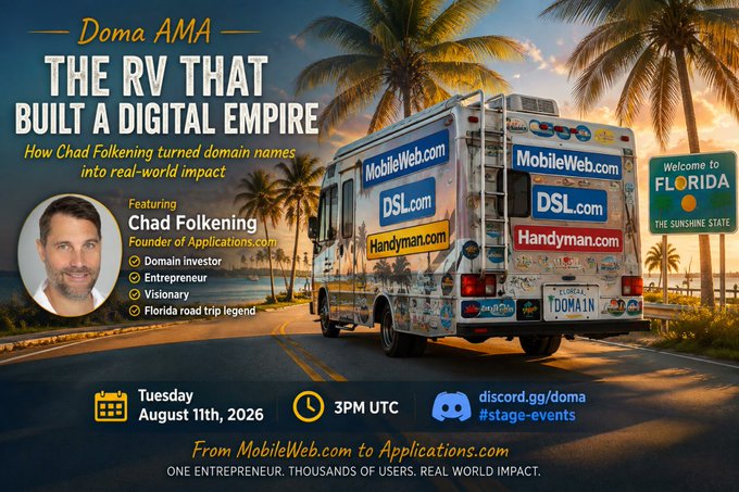 A promotional graphic for a "Doma AMA" event titled "The RV That Built a Digital Empire," featuring Chad Folkening, founder of Applications.com, scheduled for Tuesday, August 11th, 2026, at 3PM UTC, showing an RV covered in domain name advertisements.
