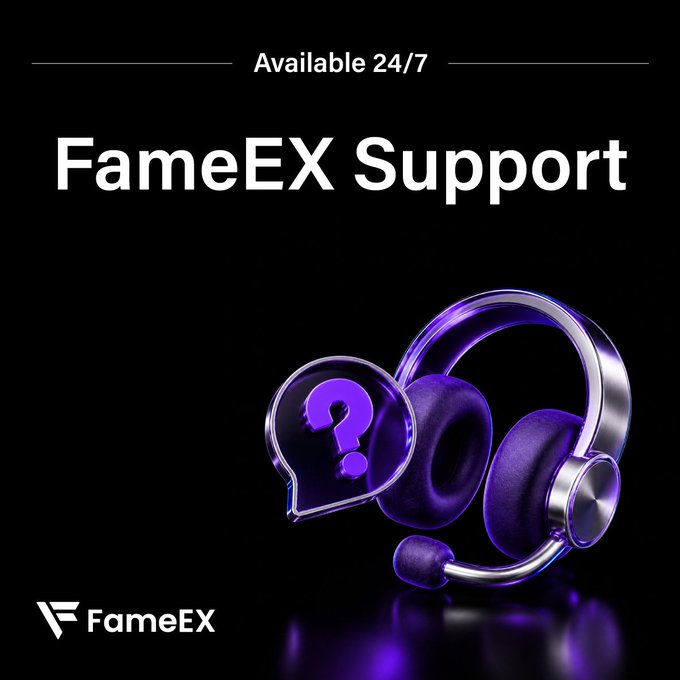 A promotional graphic for 'FameEX Support' advertising 24/7 availability, featuring a purple 3D rendering of headphones and a speech bubble containing a question mark.