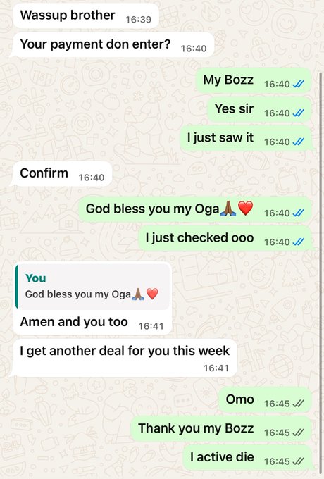 A WhatsApp chat screenshot where a client, "My Bozz," confirms receipt of payment at 16:40, expresses gratitude ("Amen and you too"), and offers another deal for the week, with the recipient responding with excited exclamations like "Omo," "Thank you my Bozz," and "I active die." The exchange illustrates a successful Web3 freelance transaction stemming from mutual referrals, aligning with the post's gratitude to clients and network contacts who keep recommending work.
