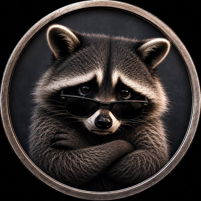 Stylized digital artwork of a raccoon wearing dark sunglasses with arms crossed, set against a black background within a circular metallic frame.