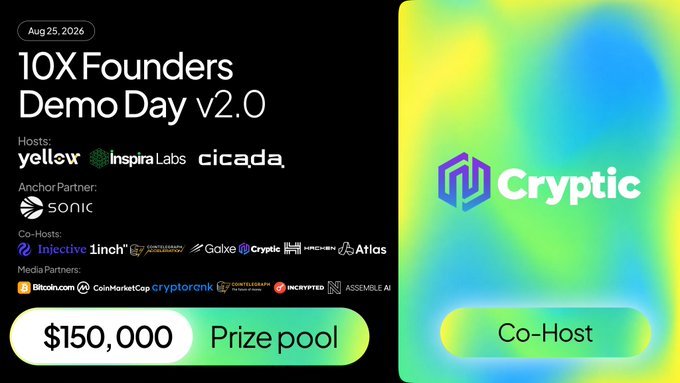 The image is a promotional banner for "10X Founders Demo Day v2.0" on Aug 25, 2026, featuring Cryptic (Cryptic_Web3) as a Co-Host, alongside other sponsors including YellOw, Inspira Labs, Cicada, and Sonic, with a $150,000 prize pool and various media partners listed.
