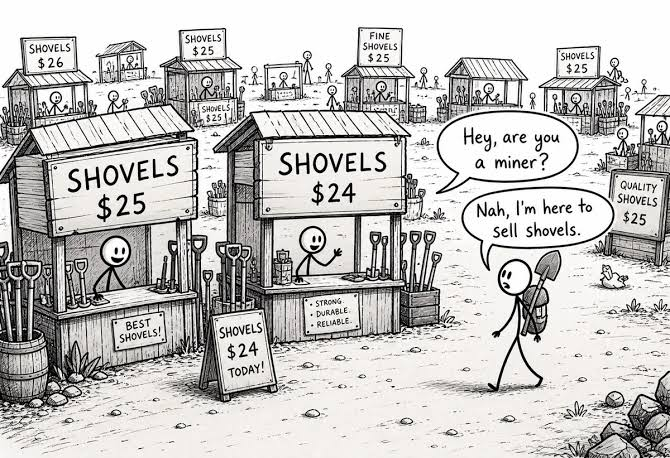 A black-and-white comic scene shows a marketplace saturated with shovel vendors—each stall displaying signs reading "SHOVELS $25," "$24 TODAY!," "FINE SHOVELS $25," and "QUALITY SHOVELS $25"—while a visitor holding a shovel asks "Hey, are you a miner?" and the vendor replies "Nah, I'm here to sell shovels." The accompanying "Launchpads on Arc" caption fits perfectly, as the cartoon is the classic "selling shovels in a gold rush" meme, humorously depicting a crypto launchpad environment where everyone is just selling token-launch infrastructure rather than actually building or investing in projects themselves.