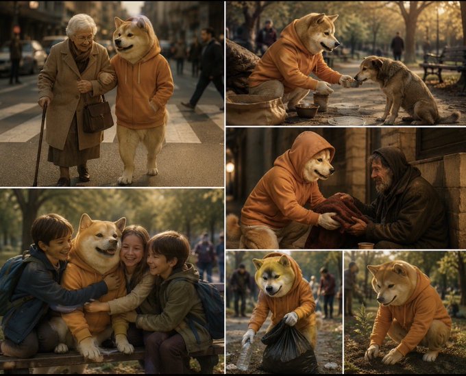 The focus of the image is a collage of photos featuring a dog dressed up as a person, interacting with various individuals such as children and an elderly woman. The collage includes images of the dog wearing a hoodie, holding hands with people, and even helping them pick up trash in a park setting. The post seems to be promoting a charity event or awareness campaign related to dogs, where the dog is portrayed as a hero by performing various tasks for the people around it.