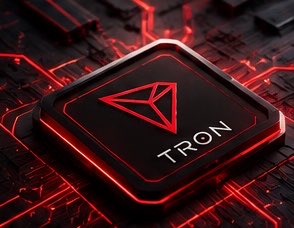 A 3D rendered Tron cryptocurrency logo on a glowing red circuit board background.