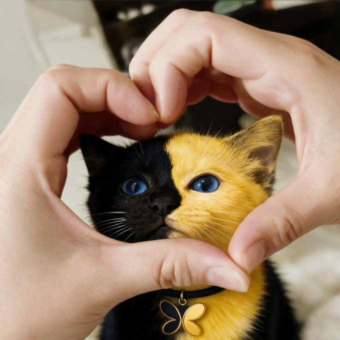 Hands forming a heart shape around a small kitten with striking heterochromia—half black fur (blue eye) and half orange fur (blue eye)—wearing a butterfly pendant collar.