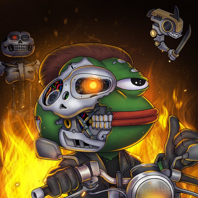 A vibrant illustration of a cyborg Pepe the Frog riding a motorcycle through flames, with a skeleton robot and a mechanical shark in the background.