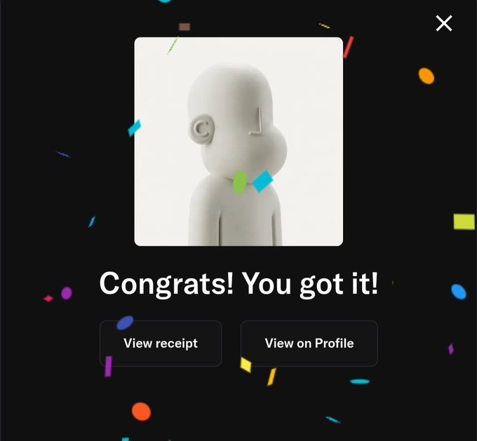 A dark celebration screen with confetti displays a 3D white figure and the text "Congrats! You got it!" with "View receipt" and "View on Profile" buttons. The image relates to the post by humorously confirming an accidental purchase of a Playable Character, fitting the lighthearted tone of buying "StonkBrokers" #45.
