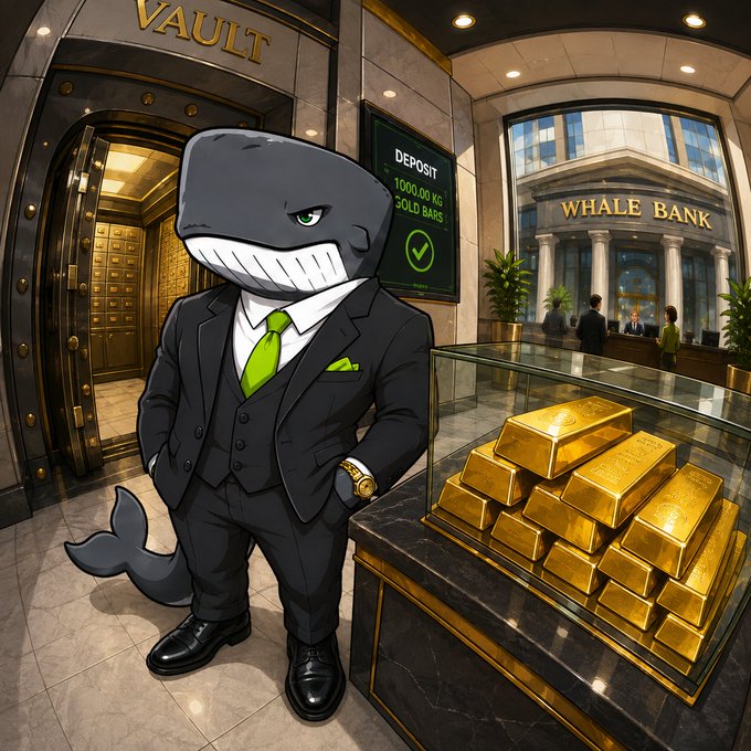 A cartoon shark character in a black suit with a green tie stands next to a vault and a display case filled with gold bars, with signage reading 'VAULT' and 'WHALE BANK'.