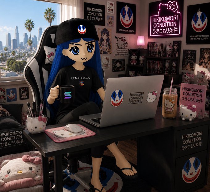 A blue-haired anime figure wearing a "CUM IS ILLEGAL" shirt sits at a Hello Kitty-decorated desk with a laptop displaying "HIKIKOMORI CONDITION" stickers, surrounded by neon signs and collectibles — capturing the degen, stay-at-home lifestyle vibe perfect for promoting a Wednesday night "shill and chill" session at 7pm EST.