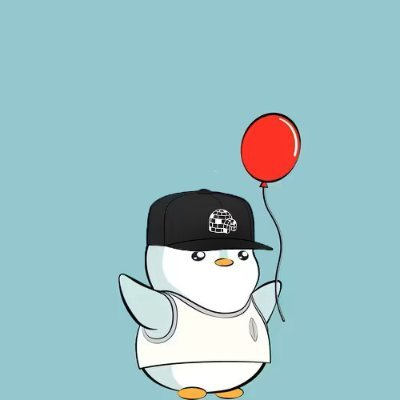 A cartoon illustration of a penguin character wearing a black baseball cap with a circular logo and a white shirt, holding a red balloon against a light blue background.