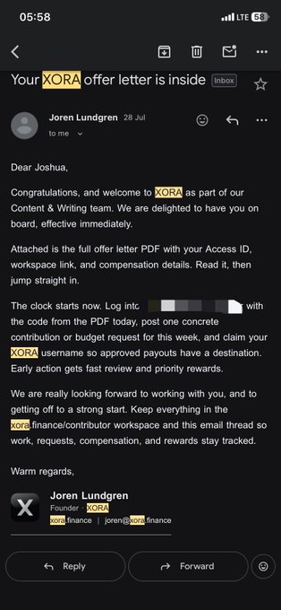 An email on a mobile device from Joren Lundgren, Founder of XORA, titled 'Your XORA offer letter is inside', welcoming 'Joshua' to the Content & Writing team.