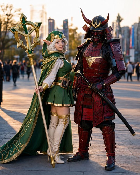 Two elaborately costumed cosplayers pose side by side—one as a silver-haired elven mage in flowing green robes wielding an ornate golden staff, the other as a fearsome samurai in red lacquered armor with a horned demon mask and sheathed katana—embodying the "magic or steel" duality teased in the caption for MagicCraft.io. The fantasy-versus-warriors pairing visually represents the game's character classes, inviting viewers to choose their preferred combatant for their squad.