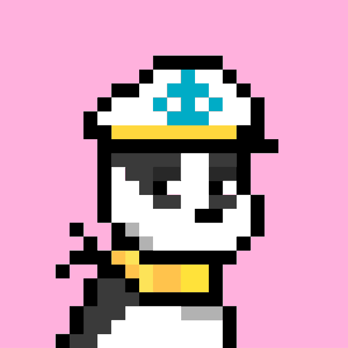 A pixel art character on a pink background wearing a white and yellow outfit with a hat featuring a blue cross/dot pattern.