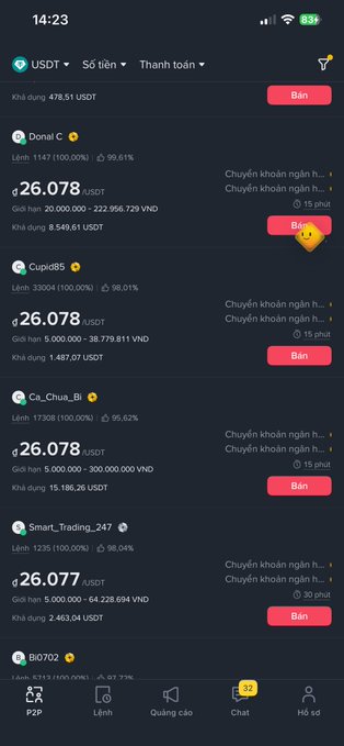 Vietnamese cryptocurrency exchange P2P trading screen showing USDT listings at approximately 26,078 VND from various sellers including Donal C, Cupid85, and Smart_Trading_247.