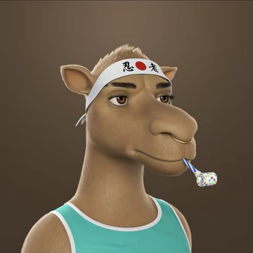 A 3D rendered cartoon camel wearing a white headband with a red sun and Japanese characters, brushing its teeth with a colorful toothbrush.