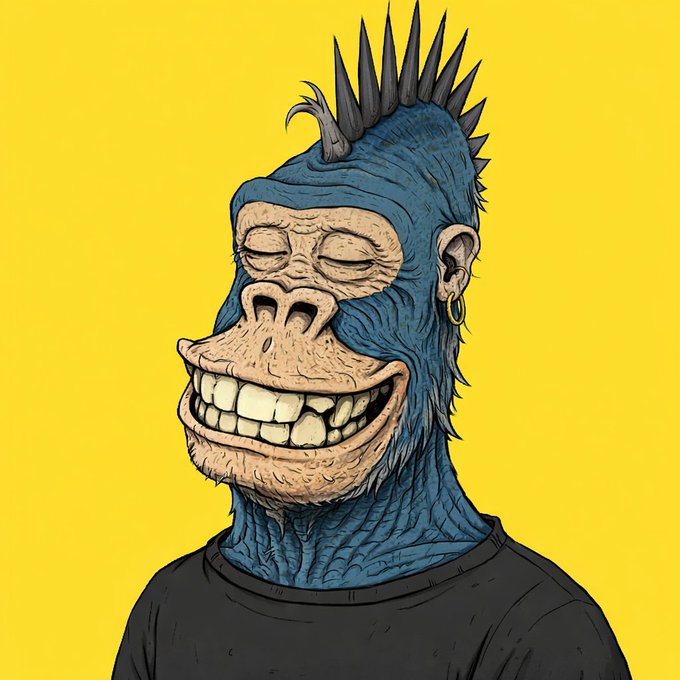 A cartoon gorilla wearing a blue beanie with a spiky mohawk grins maniacally against a bright yellow background, perfectly capturing the euphoric, over-the-top excitement of a crypto bull run.