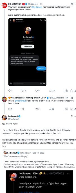 A series of tweets from @hodlonaut responding to 'Journalist extraordinaire' @nodecraft about a Bitcoin investigation involving @big_bitcoin and fund collection claims.