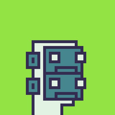 Pixel art illustration of a teal, rectangular robotic or mechanical figure with square eyes against a bright green background.