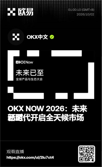 A promotional graphic for OKX NOW 2026 event titled '未来已至' (The Future is Here) - a global product and ecosystem conference, scheduled for 2026/10/02, with a live stream link and QR code.