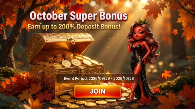 An autumn-themed promotional banner advertises an "October Super Bonus" event offering up to a 200% deposit bonus, featuring a treasure chest overflowing with gold coins beside a stylized character in a black dress, with event dates "2026/09/29 – 2026/10/28" and a "JOIN" call-to-action button.

The image visually reinforces the post's message by depicting the lucrative deposit bonus opportunity with imagery of overflowing gold coins, while the "JOIN" button and displayed event period (ending Oct 28) correspond to the promotional details about climbing tiers and multiplying deposits at wcoingame.com.