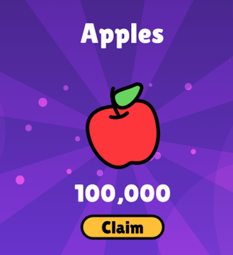 The user wants a concise caption describing the image.
I need to identify the key elements:
- Text: "Apples", "100,000", "Claim".
- Visuals: A red apple with a green leaf.
- Background: Purple with radial lines and dots.

The accompanying post mentions "I HIT THE APPLE MOTHERLOAD!" and "@frankythefrog making NFTs FUN!". This context explains *why* there is an apple and a large number (100,000). It seems to be a reward screen in a game or app.

So, the caption should describe the visual content: a screen showing "Apples" with a value of "100,000" and a "Claim" button, featuring a cartoon apple.

Let's draft the caption:
"A purple screen displays a large red apple icon with the text 'Apples' above it and '100,000