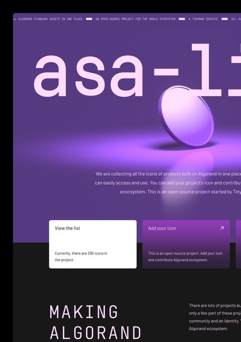 A website screenshot for 'asa-13' on the Algorand blockchain, featuring a purple coin and text describing an open-source project for collecting project icons in one place.