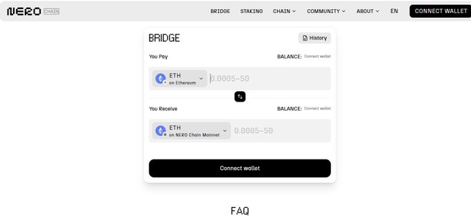 A screenshot of the NERO Chain website's 'BRIDGE' interface, allowing users to swap ETH on Ethereum to ETH on NERO Chain Mainnet, with a 'Connect wallet' button and a 'History' option visible.