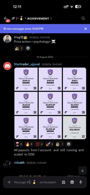 A Discord screenshot from the "ACHIEVEMENT" channel shows user Startrader_ujjaval sharing proof of multiple payouts totaling around $1,700 from the5ers simulated trading service, along with the caption "All payouts from 1 account and still running and scaled to 125K"—serving as promotional evidence to support the discount code "SAMEER" for the service.