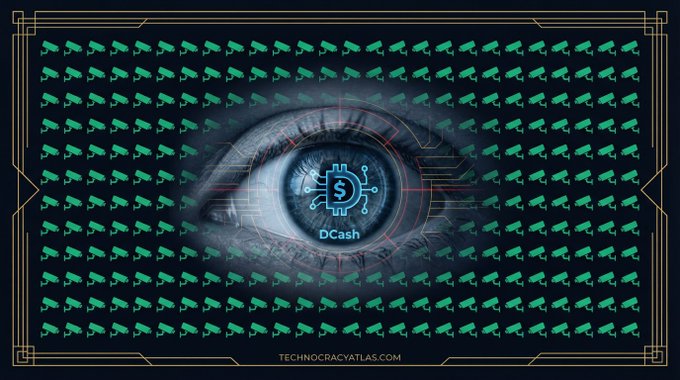 A digital graphic showing a human eye overlaid with a 'DCash' dollar-sign circuit logo, surrounded by a grid of green surveillance camera icons, with 'TECHNOCRACYATLAS.COM' displayed at the bottom.