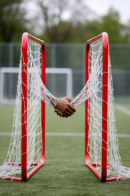 A surreal composite image showing two red soccer goals on a field facing each other, with a pair of human hands clasped together in a handshake where the netting meets in the middle.