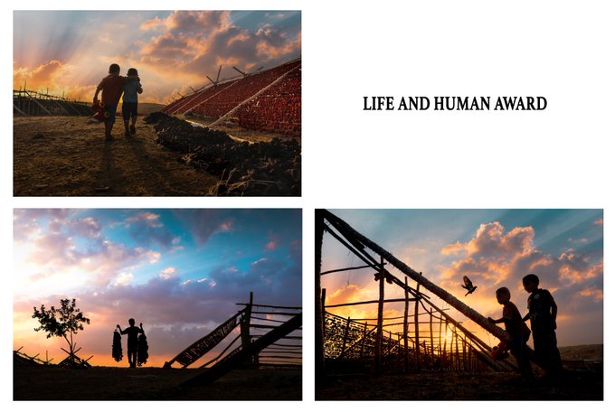 A presentation slide titled 'LIFE AND HUMAN AWARD' displays three silhouette photography images of children playing against dramatic sunset skies in a rural landscape.